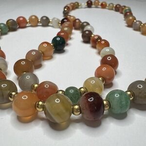 Vintage Multicolor Agate Bead Necklace Gold Tone Spacers‎ Barrel Clasp 24"